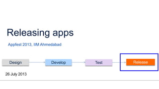 Releasing apps
Appfest 2013, IIM Ahmedabad

Design
26 July 2013
1

Develop

Test

Release

 