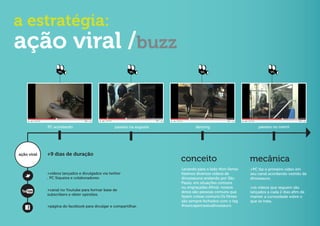 a estratégia:
ação viral /buzz
                   PC                                    V1                     V2                                V3




             PC acordando                         passeio na augusta          dancing                      passeio no metrô




ação viral   +9 dias de duração
                                                                       conceito                        mecânica
                                                                       Levando para o lado Non-Sense   +PC faz o primeiro vídeo em
             +vídeos lançados e divulgados via twitter                 fizemos diversos vídeos de      seu canal acordando vestido de
             , PC Siqueira e colaboradores.                            dinossauros andando por São     dinossauro.
                                                                       Paulo, em situações comuns
                                                                       ou engraçadas.Afinal, nossos    +os vídeos que seguem são
             +canal no Youtube para formar base de
                                                                       dinos são pessoas comuns que    lançados a cada 2 dias afim de
             subscribers e obter opiniões.
                                                                       fazem coisas comuns.Os filmes   manter a curiosidade sobre o
                                                                       são sempre fechados com o tag   que se trata.
             +página do facebook para divulgar e compartilhar.         #nuncapercaseudinossauro.
 