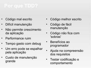 Por que TDD?

• Código mal escrito         • Código melhor escrito
• Difícil manutenção         • Código de fácil
• Não permite crescimento      manutenção
  da aplicação               • Código não fica com
• Performance ruim             'sobras'
                             • Benefícios ao
• Tempo gasto com debug
                               programador
• Um erro pode se espalhar
                             • Ajuda na compreensão
  pela aplicação
                               dos requisitos
• Custo de manutenção
                             • Testar codificação e
  grande
                               comportamento
 