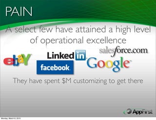 PAIN
    A select few have attained a high level
          of operational excellence



            They have spent $M customizing to get there



Monday, March 8, 2010
 