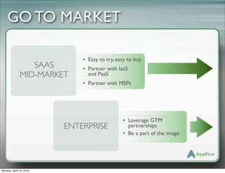 GO TO MARKET

                             • Easy to try, easy to buy
                 SAAS        • Partner with IaaS
              MID-MARKET       and PaaS
                             • Partner with MSPs




                                              • Leverage GTM
                         ENTERPRISE             partnerships
                                              • Be a part of the image




Monday, April 12, 2010
 