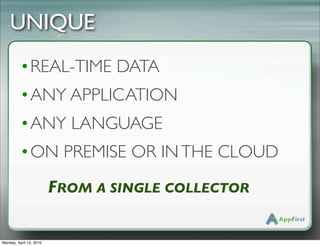 UNIQUE
          •REAL-TIME DATA
          •ANY APPLICATION
          •ANY LANGUAGE
          •ON PREMISE OR IN THE CLOUD
                         FROM A SINGLE COLLECTOR

Monday, April 12, 2010
 
