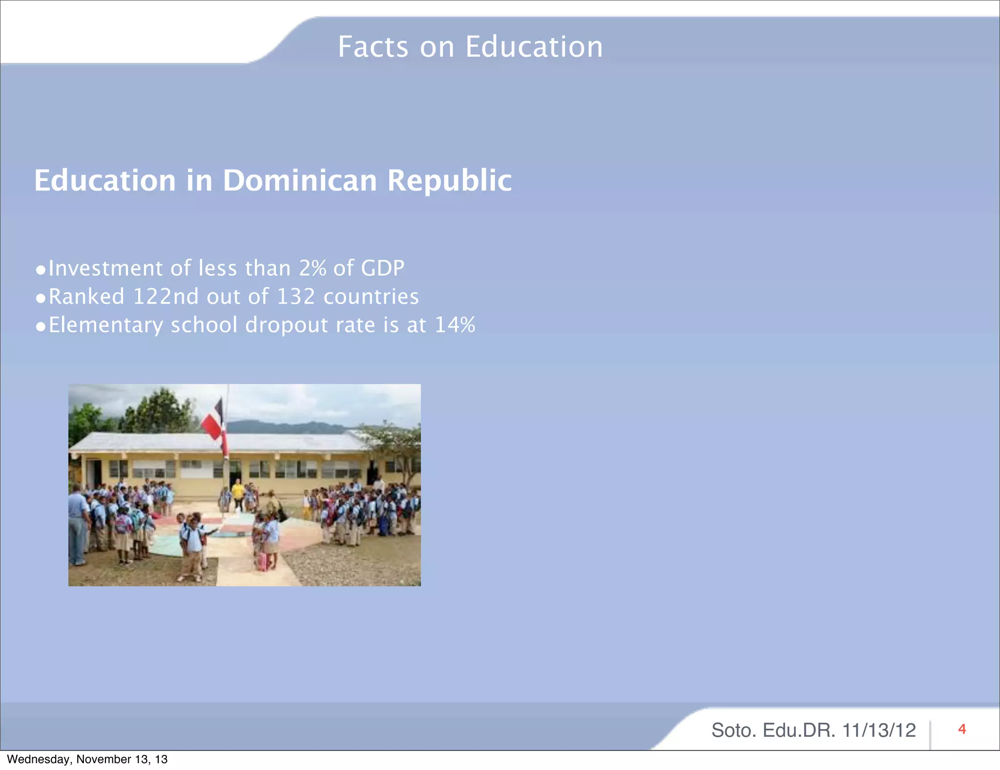 Facts on Education

Education in Dominican Republic
•Investment of less than 2% of GDP
•Ranked 122nd out of 132 countries
•Elementary school dropout rate is at 14%

Soto. Edu.DR. 11/13/12
Wednesday, November 13, 13

4

 