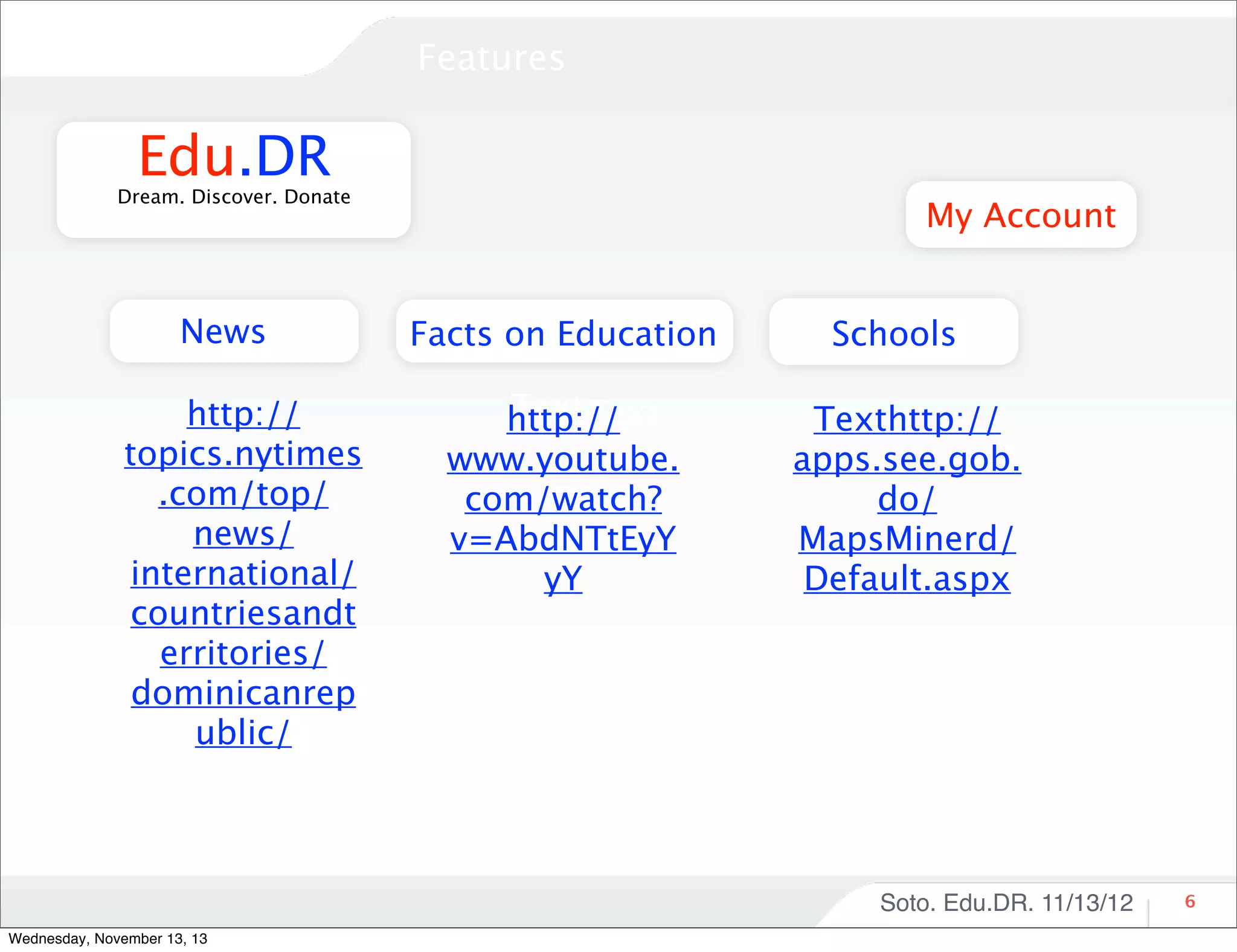 Features

Edu.DR

Dream. Discover. Donate

News
http://
topics.nytimes
.com/top/
news/
international/
countriesandt
erritories/
dominicanrep
ublic/

My Account
Facts on Education
Text Text
http://
www.youtube.
com/watch?
v=AbdNTtEyY
yY

Schools
Texthttp://
apps.see.gob.
do/
MapsMinerd/
Default.aspx

Soto. Edu.DR. 11/13/12
Wednesday, November 13, 13

6

 