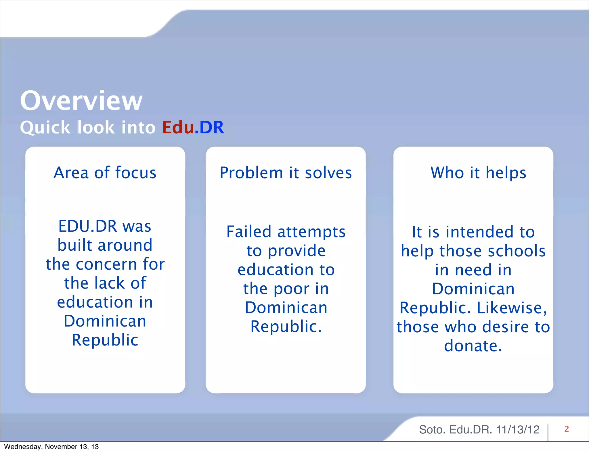 Overview
Quick look into Edu.DR
Area of focus

Problem it solves

EDU.DR was
built around
the concern for
the lack of
education in
Dominican
Republic

Failed attempts
to provide
education to
the poor in
Dominican
Republic.

Who it helps

It is intended to
help those schools
in need in
Dominican
Republic. Likewise,
those who desire to
donate.

Soto. Edu.DR. 11/13/12
Wednesday, November 13, 13

2

 