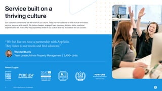 2021 © AppFolio, Inc. Confidential.
5
Service built on a
thriving culture
Our customer connections are the heart of our culture. They are the backbone of how we fuel innovation,
service, success, and growth. We believe happier, engaged team members deliver a better customer
experience for all. That’s why we purposefully invest in our culture as a key foundation for our success.
“We feel like we have a partnership with AppFolio.
They listen to our needs and find solutions.”
Wendell Burris 
Team Leader, Minnix Property Management | 2,400+ Units
Award Logos:
* 2020 Fortune ranking
FORTUNE

#1 fastest-growing company*
 