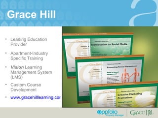 Grace Hill  Leading Education Provider Apartment-Industry Specific Training Vision  Learning Management System (LMS) Custom Course Development www.gracehilllearning.com 