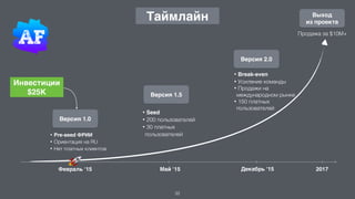 Февраль ‘15 Май ‘15 Декабрь ‘15 2017
• Pre-seed ФРИИ
• Ориентация на RU
• Нет платных клиентов
• Seed
• 200 пользователей
• 30 платных
пользователей
• Break-even
• Усиление команды
• Продажи на
международном рынке
• 150 платных
пользователей
32
Таймлайн
Инвестиции
$25К
Продажа за $10M+
Версия 1.0
Версия 1.5
Версия 2.0
Выход  
из проекта
🚀
 