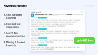 Keywords research
up to 600 kws
1. Auto-suggested
keywords
2. Store and tool
suggestions
3. Search Ads
recommendations
4. Missing & Ranked
keywords
 