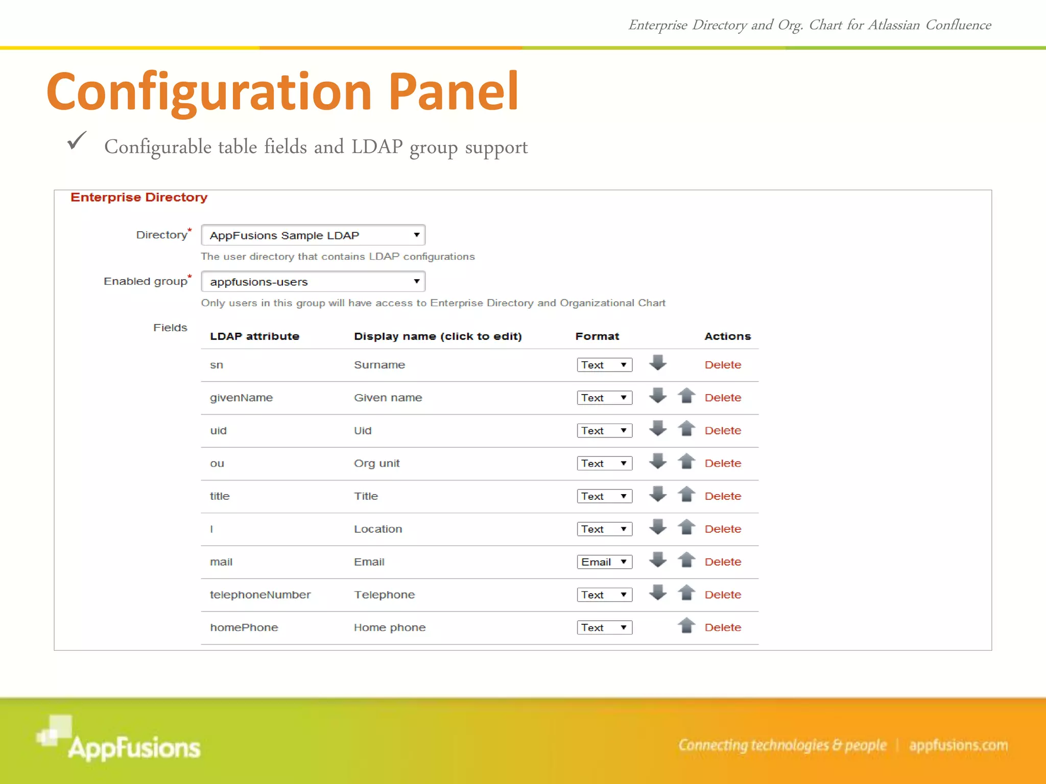 Configuration Panel
Enterprise Directory and Org. Chart for Atlassian Confluence
 Configurable table fields and LDAP group support
 