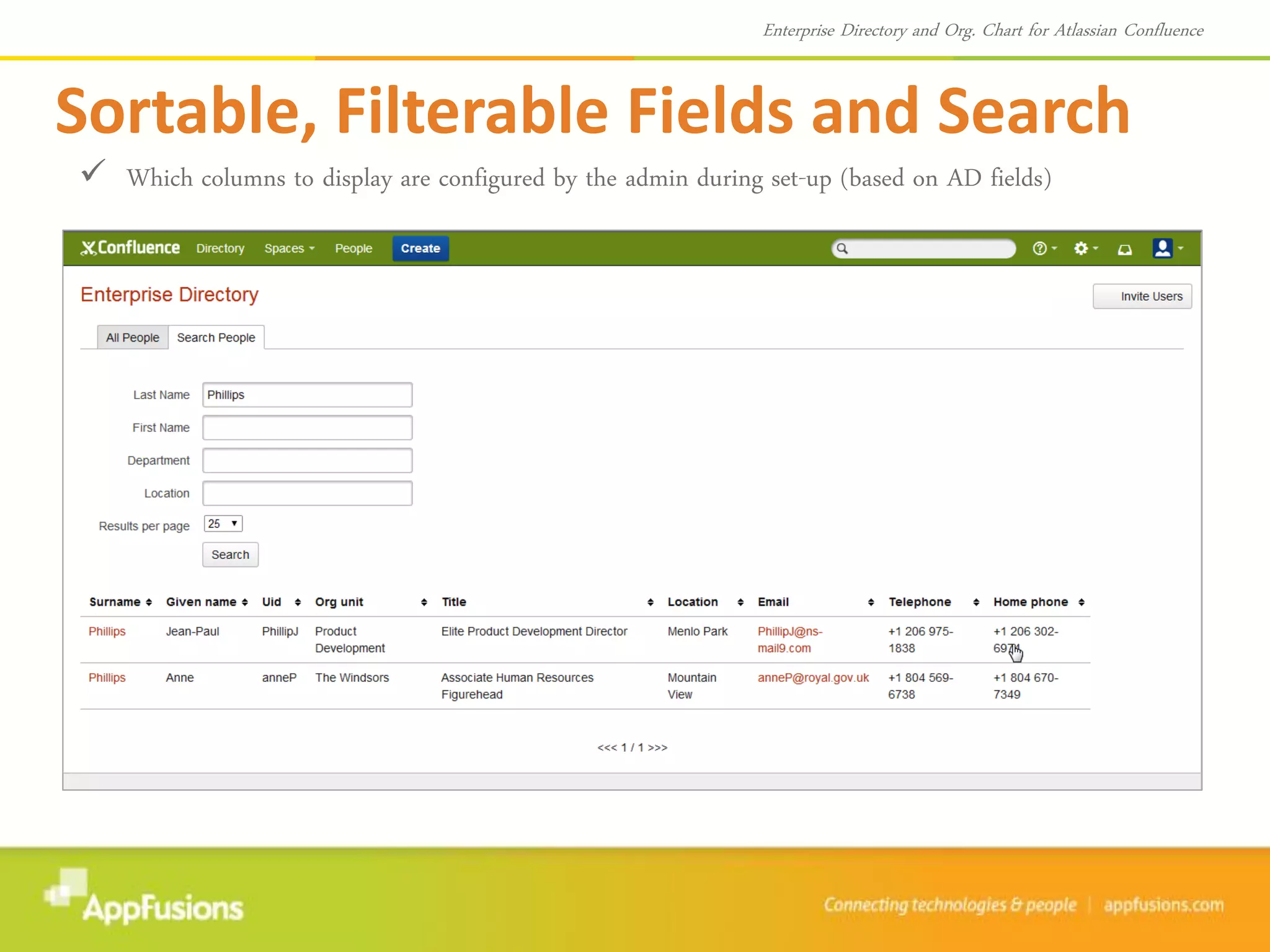  Which columns to display are configured by the admin during set-up (based on AD fields)
Sortable, Filterable Fields and Search
Enterprise Directory and Org. Chart for Atlassian Confluence
 