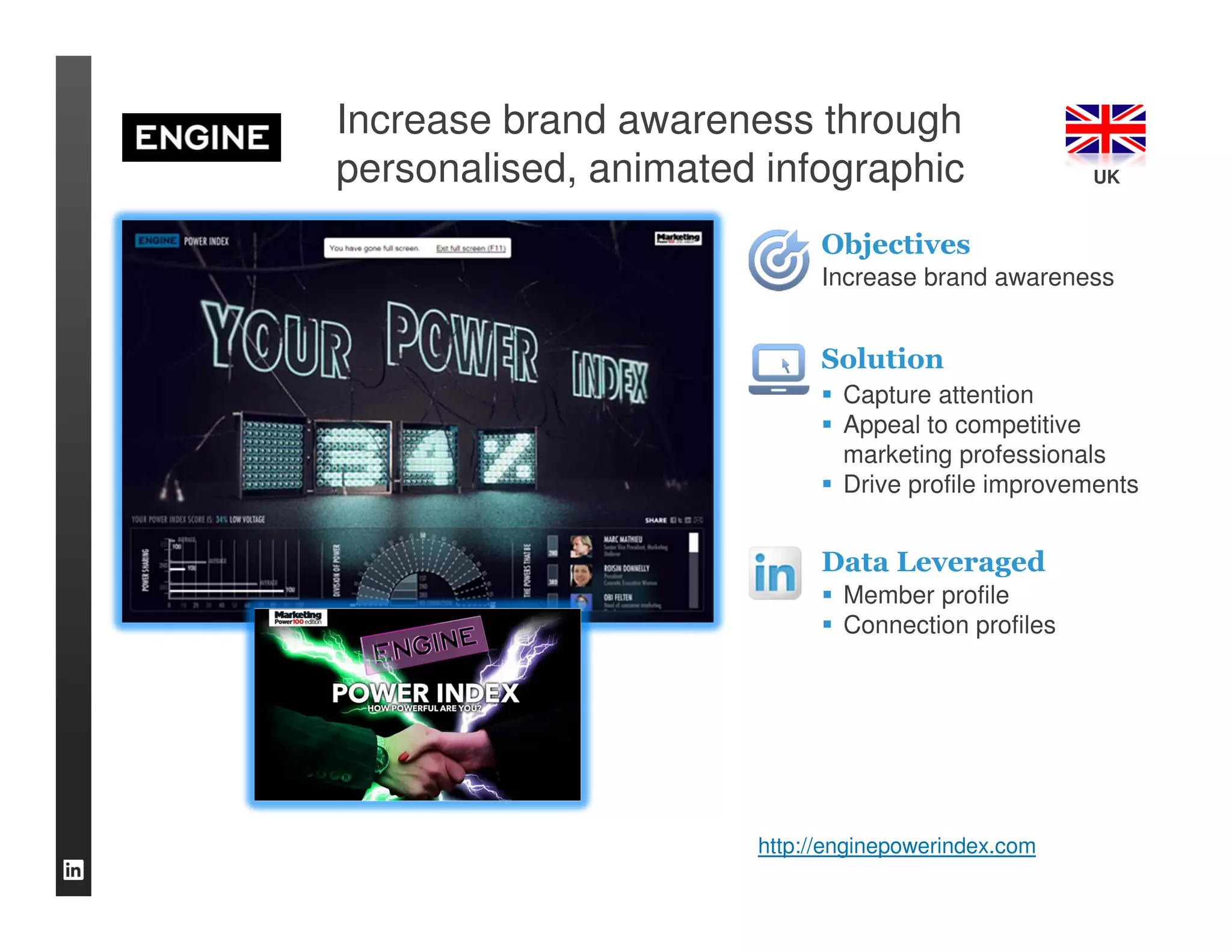 Increase brand awareness through
personalised, animated infographic                  UK


                            Objectives
                            Increase brand awareness


                            Solution
                              Capture attention
                              Appeal to competitive
                              marketing professionals
                              Drive profile improvements


                            Data Leveraged
                              Member profile
                              Connection profiles




                      http://enginepowerindex.com
 