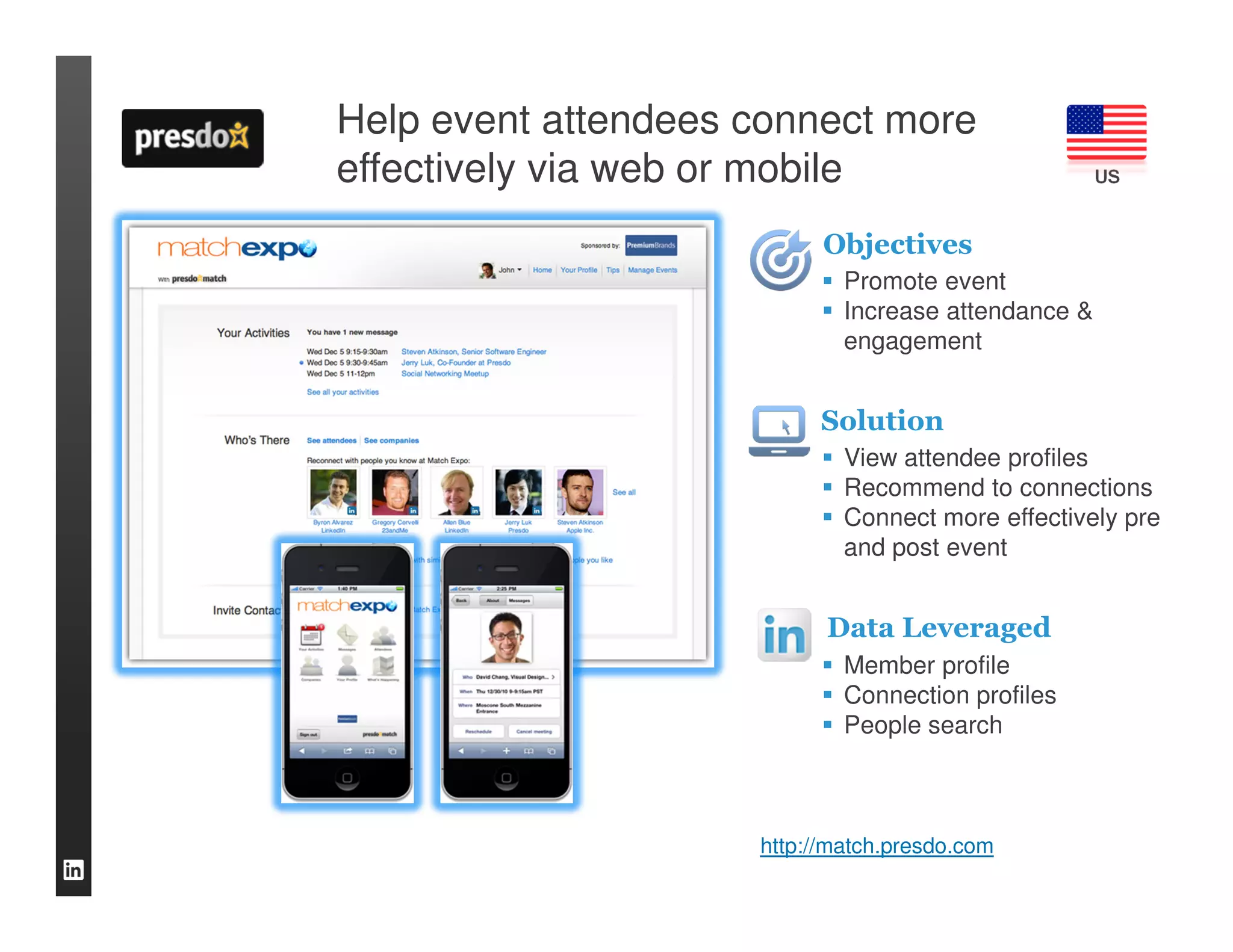 Help event attendees connect more
effectively via web or mobile                        US


                           Objectives
                             Promote event
                             Increase attendance &
                             engagement


                          Solution
                             View attendee profiles
                             Recommend to connections
                             Connect more effectively pre
                             and post event


                           Data Leveraged
                             Member profile
                             Connection profiles
                             People search



                     http://match.presdo.com
 