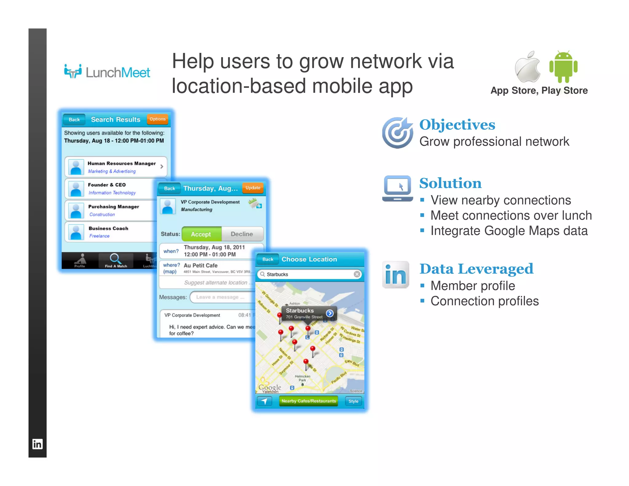 Help users to grow network via
location-based mobile app            App Store, Play Store


                          Objectives
                          Grow professional network


                          Solution
                           View nearby connections
                           Meet connections over lunch
                           Integrate Google Maps data


                          Data Leveraged
                           Member profile
                           Connection profiles
 