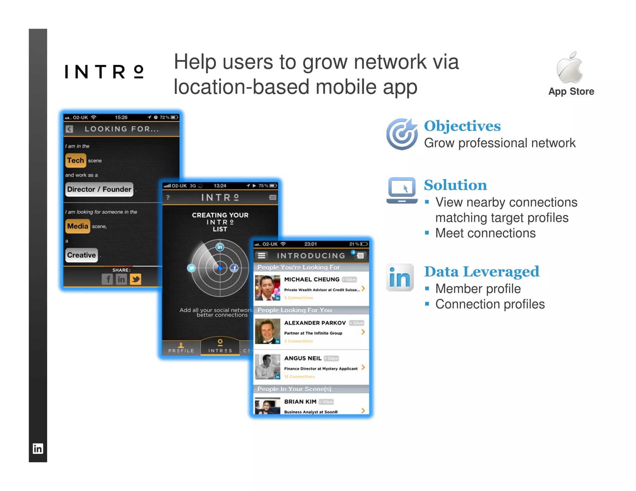 Help users to grow network via
location-based mobile app                        App Store


                          Objectives
                          Grow professional network


                          Solution
                           View nearby connections
                           matching target profiles
                           Meet connections


                          Data Leveraged
                           Member profile
                           Connection profiles
 