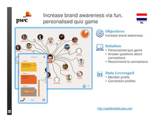 Increase brand awareness via fun,
personalised quiz game                               NL


                            Objectives
                            Increase brand awareness


                            Solution
                              Personalized quiz game
                              Answer questions about
                              connections
                              Recommend to connections


                            Data Leveraged
                              Member profile
                              Connection profiles




                      http://raadderelatie.pwc.com
 