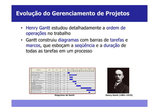 Evolução do Gerenciamento de Projetos

 • Henry Gantt estudou detalhadamente a ordem de
   operações no trabalho
 • Gantt construiu diagramas com barras de tarefas e
   marcos, que esboçam a seqüência e a duração de
   todas as tarefas em um processo




                 Diagrama de Gantt       Henry Gantt (1861-1919)
 