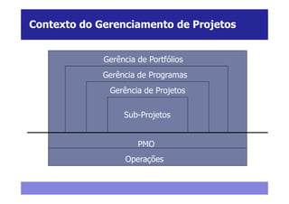 Contexto do Gerenciamento de Projetos


             Gerência de Portfólios
             Gerência de Programas
              Gerência de Projetos

                  Sub-Projetos


                      PMO
                   Operações
 