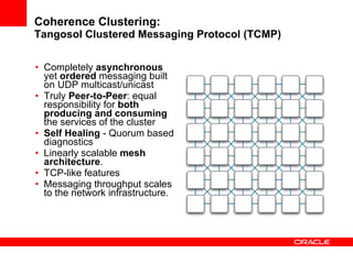 Coherence Clustering: Tangosol Clustered Messaging Protocol (TCMP) Completely  asynchronous  yet  ordered  messaging built on UDP multicast/unicast Truly  Peer-to-Peer : equal responsibility for  both producing and consuming  the services of the cluster Self Healing  - Quorum based diagnostics Linearly scalable  mesh architecture . TCP-like features Messaging throughput scales to the network infrastructure. 