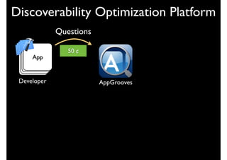 Discoverability Optimization Platform
             Questions

                50 ¢
     App
     App
    App
    App


 Developer               AppGrooves
 