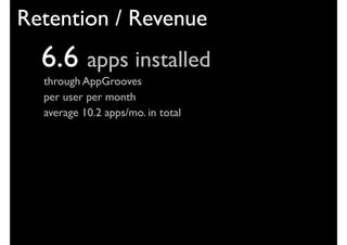 Retention / Revenue
  6.6 apps installed
  through AppGrooves
  per user per month
  average 10.2 apps/mo. in total
 