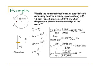 Examples 
F F 
f c 
= 
v 
rg 
mv 
2 
mv 
r 
μ 
μ 
mg 
r 
F 
N 
2 
2 
= 
= 
= 
μ 
What is the minimum coefficient of static friction 
necessary to allow a penny to rotate along a 33 
1/3 rpm record (diameter= 0.300 m), when 
the penny is placed at the outer edge of the 
record? 
Top view 
FN 
mg 
Ff 
1min 
* 
rev rev 
= 
1.80sec 
1sec 
= = 
2 2 (0.15) 
= = = 
(0.524) 
v 
Side view 0.187 
(0.15)(9.8) 
0.524 / 
1.80 
0.555 
sec 
0.555 
60sec 
min 
33.3 
2 2 
= = = 
rg 
m s 
T 
r 
v 
T 
rev rev 
c 
μ 
p p 
 