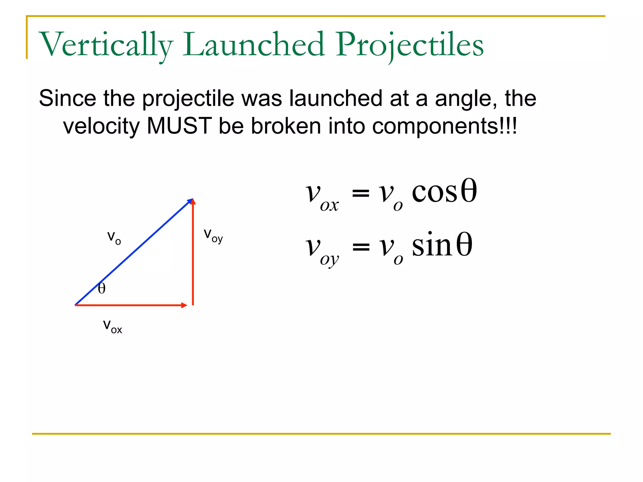 Vertically Launched Projectiles 
Since the projectile was launched at a angle, the 
velocity MUST be broken into components!!! 
vo 
vox 
voy 
θ 
 
