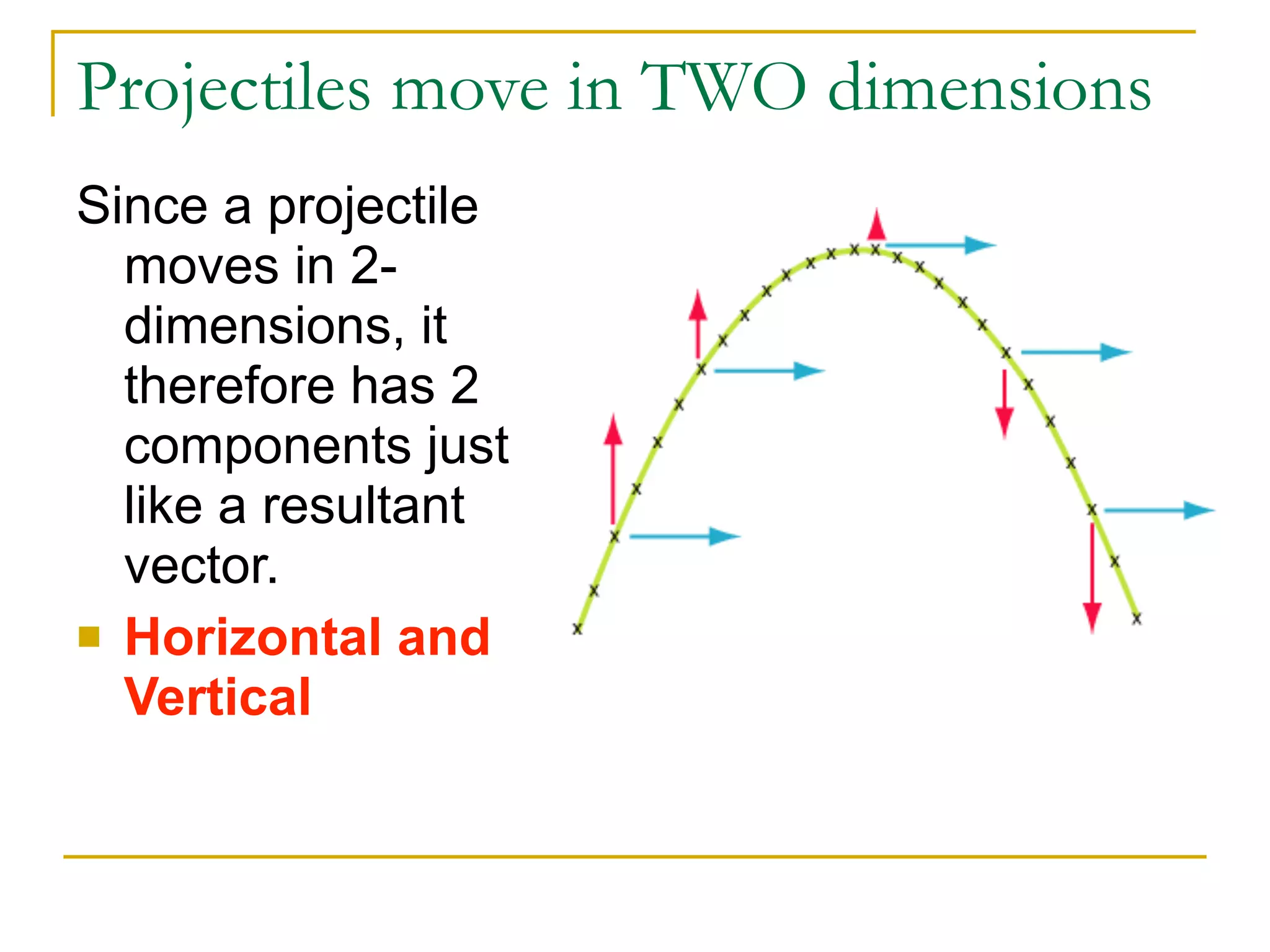 Projectiles move in TWO dimensions 
Since a projectile 
moves in 2- 
dimensions, it 
therefore has 2 
components just 
like a resultant 
vector. 
! Horizontal and 
Vertical 
 