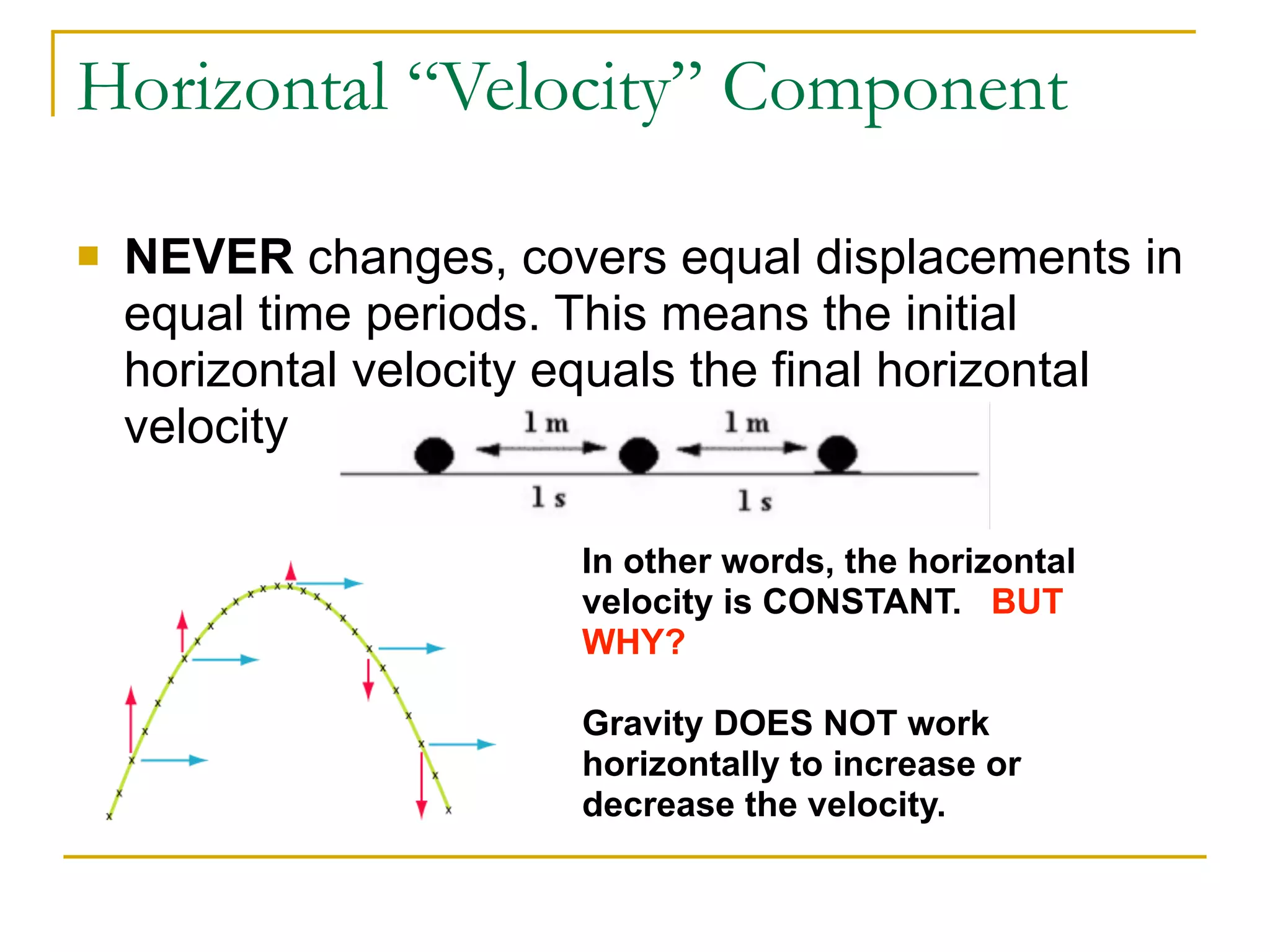 Horizontal “Velocity” Component 
! NEVER changes, covers equal displacements in 
equal time periods. This means the initial 
horizontal velocity equals the final horizontal 
velocity 
In other words, the horizontal 
velocity is CONSTANT. BUT 
WHY? 
! 
Gravity DOES NOT work 
horizontally to increase or 
decrease the velocity. 
 