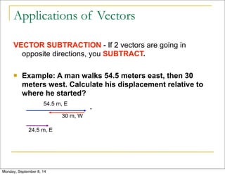 Applications of Vectors 
VECTOR SUBTRACTION - If 2 vectors are going in 
opposite directions, you SUBTRACT. 
! Example: A man walks 54.5 meters east, then 30 
meters west. Calculate his displacement relative to 
where he started? 
54.5 m, E 
30 m, W 
- 
24.5 m, E 
Monday, September 8, 14 
 
