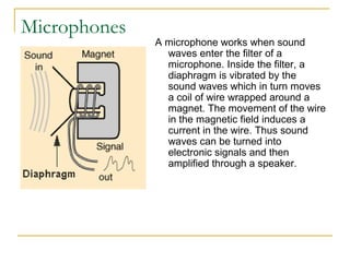 Microphones
A microphone works when sound
waves enter the filter of a
microphone. Inside the filter, a
diaphragm is vibrat...