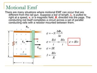 Motional Emf
There are many situations where motional EMF can occur that are
different from the rail gun. Suppose a bar of...