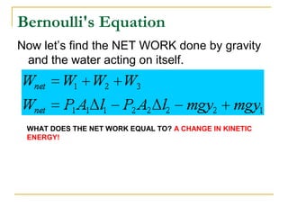 Bernoulli's Equation
Now let’s find the NET WORK done by gravity
and the water acting on itself.
WHAT DOES THE NET WORK EQUAL TO? A CHANGE IN KINETIC
ENERGY!
 