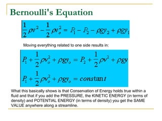 Bernoulli's Equation
Moving everything related to one side results in:
What this basically shows is that Conservation of Energy holds true within a
fluid and that if you add the PRESSURE, the KINETIC ENERGY (in terms of
density) and POTENTIAL ENERGY (in terms of density) you get the SAME
VALUE anywhere along a streamline.
 