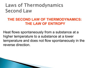 THE SECOND LAW OF THERMODYNAMICS:  THE LAW OF ENTROPY Heat flows spontaneously from a substance at a higher temperature to a substance at a lower temperature and does not flow spontaneously in the reverse direction. 