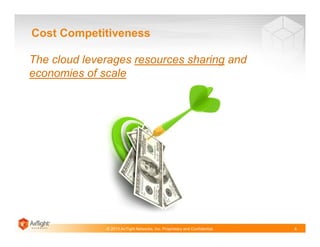 © 2013 AirTight Networks, Inc. Proprietary and Confidential.
Cost Competitiveness
8
The cloud leverages resources sharing and
economies of scale
 