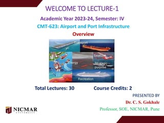 WELCOME TO LECTURE-1
Academic Year 2023-24, Semester: IV
CMT-623: Airport and Port Infrastructure
Overview
Total Lectures: 30 Course Credits: 2
PRESENTED BY
Dr. C. S. Gokhale
Professor, SOE, NICMAR, Pune
1
 