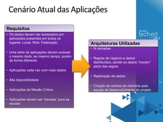 Cenário Atual das Aplicações
Requisitos
• Os dados devem ser acessados por
  aplicações presentes em todos os
  lugares: Local, Web, Federação           Arquiteturas Utilizadas
                                           • N camadas
• Uma série de aplicações devem acessar
  o mesmo dado, ao mesmo tempo, porém
                                           • Regras de negócio e dados
  de forma diferente
                                             distribuídos, aonde os dados “moram”
                                             perto das regras
• Aplicações cada vez com mais dados
                                           • Replicação de dados
• Alta disponibilidade
                                           • Criação de caches de memória pela
• Aplicações de Missão Crítica               equipe de desenvolvimento do projeto

• Aplicações devem ser “baratas” para se
  escalar
 
