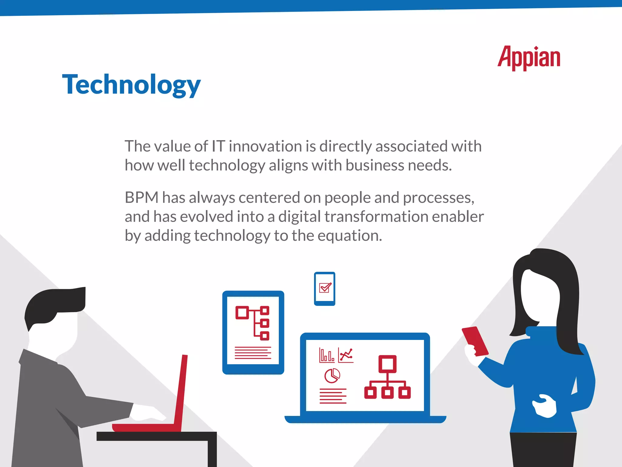 The value of IT innovation is directly associated with
how well technology aligns with business needs.
BPM has always centered on people and processes,
and has evolved into a digital transformation enabler
by adding technology to the equation.
Technology
 