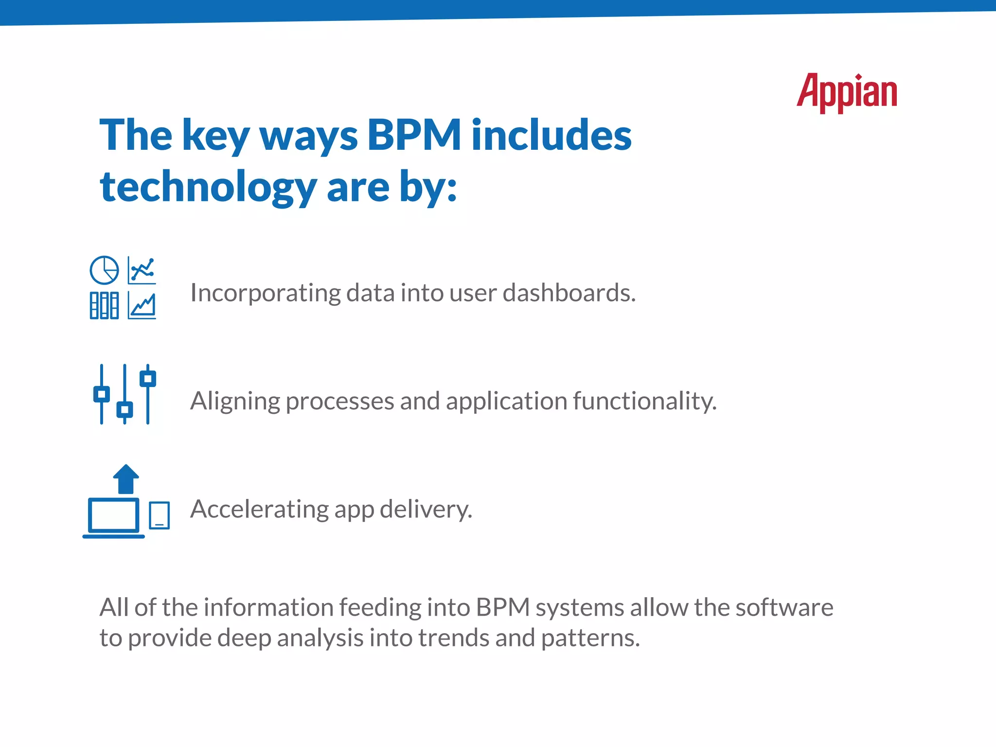 The key ways BPM includes
technology are by:
Incorporating data into user dashboards.
Aligning processes and application functionality.
Accelerating app delivery.
All of the information feeding into BPM systems allow the software
to provide deep analysis into trends and patterns.
 