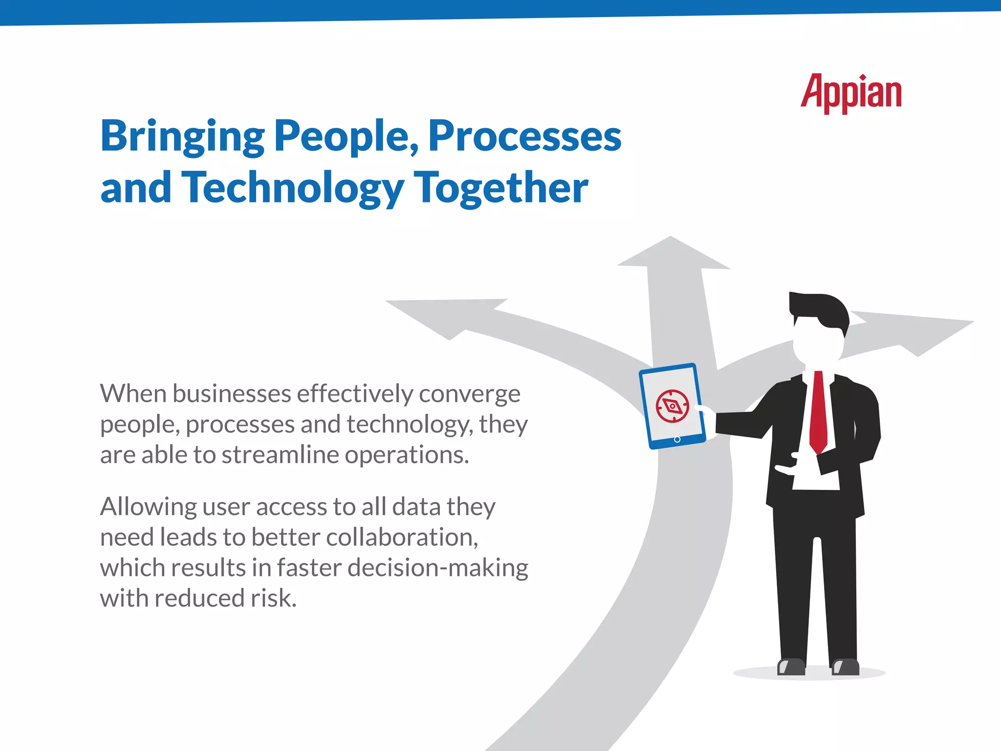 Bringing People, Processes
and Technology Together
When businesses effectively converge
people, processes and technology, they
are able to streamline operations.
Allowing user access to all data they
need leads to better collaboration,
which results in faster decision-making
with reduced risk.
 