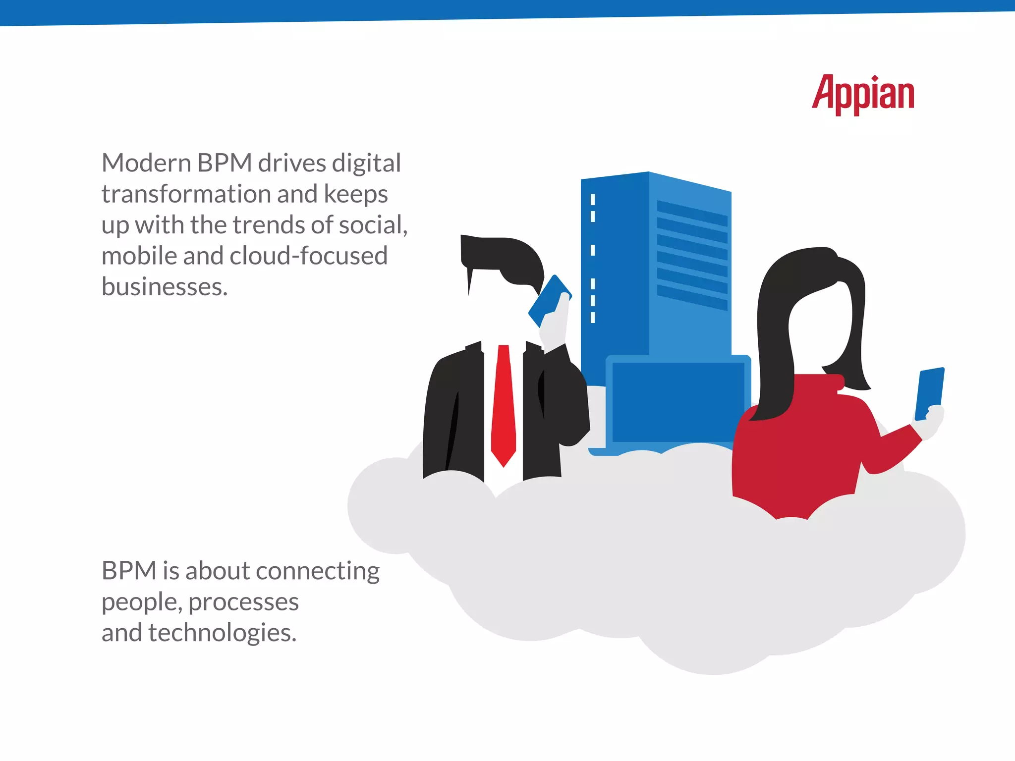 Modern BPM drives digital
transformation and keeps
up with the trends of social,
mobile and cloud-focused
businesses.
BPM is about connecting
people, processes
and technologies.
 