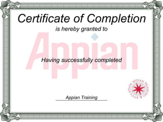 Certificate of Completion
is hereby granted to
Having successfully completed
Appian Training
Shivam Gupta
Designer Credential Exam [C200_18P]
5/18/2018
 