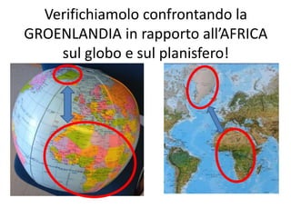 Verifichiamolo confrontando la 
GROENLANDIA in rapporto all’AFRICA 
sul globo e sul planisfero! 
