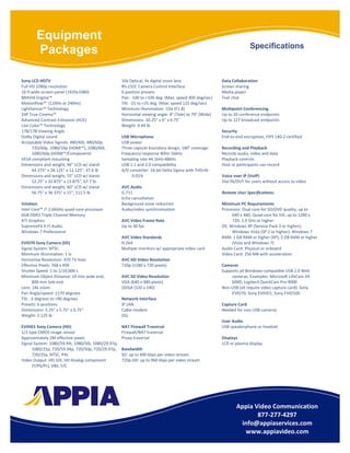 Equipment
                                                                                                                        Specifications
       Packages

Sony LCD HDTV                                        10x Optical, 4x digital zoom lens                   Data Collaboration
Full HD 1080p resolution                             RS-232C Camera Control Interface                    Screen sharing
16:9 wide-screen panel (1920x1080)                   6 position presets                                  Media player
BRAVIA Engine™                                       Pan: -100 to +100 deg. (Max. speed 300 deg/sec)     Text chat
Motionflow™ (120Hz or 240Hz)                         Tilt: -25 to +25 deg. (Max. speed 125 deg/sec)
LightSensor™ Technology                              Minimum Illumination: 15lx (F1.8)                   Multipoint Conferencing
24P True Cinema™                                     Horizontal viewing angle: 8° (Tele) to 70° (Wide)   Up to 20 conference endpoints
Advanced Contrast Enhancer (ACE)                     Dimensions: 10.25" x 6" x 6.75"                     Up to 127 broadcast endpoints
Live Color™ Technology                               Weight: 4.44 lb
178/178 Viewing Angle                                                                                    Security
Dolby Digital sound                                  USB Microphone                                      End-to-end encryption, FIPS 140-2 certified
Acceptable Video Signals: 480/60i, 480/60p,          USB power
      720/60p, 1080/24p (HDMI™), 1080/60i,           Three capsule boundary design, 180° coverage        Recording and Playback
      1080/60p (HDMI™/Component)                     Frequency response 40Hz-16kHz                       Records audio, video and data
VESA compliant mounting                              Sampling rate 44.1kHz-48kHz                         Playback controls
Dimensions and weight, 46" LCD w/ stand:             USB 1.1 and 2.0 compatibility                       Host or participants can record
      44.375" x 28.125" x 11.125", 47.6 lb           A/D converter: 16-bit Delta Sigma with THD+N -
Dimensions and weight, 55" LCD w/ stand:                  0.01%                                          Voice over IP (VoIP)
      52.25" x 32.875" x 13.875", 67.7 lb                                                                Dial IN/OUT for users without access to video
Dimensions and weight, 60" LCD w/ stand:             AVC Audio
      56.75" x 36.375" x 15", 111.5 lb               G.711                                               Remote User Specifications:
                                                     Echo cancellation
Vstation                                             Background noise reduction                          Minimum PC Requirements
Intel Core™ i7 2.66GHz quad-core processor           Audio/video synchronization                         Processor: Dual core for SD/DVD quality, up to
6GB DDR3 Triple Channel Memory                                                                                640 x 480; Quad core for HD, up to 1280 x
ATI Graphics                                         AVC Video Frame Rate                                     720; 2.0 GHz or higher
SupremeFX X-Fi Audio                                 Up to 30 fps                                        OS: Windows XP (Service Pack 3 or higher);
Windows 7 Professional                                                                                        Windows Vista (SP 2 or higher); Windows 7
                                                     AVC Video Standards                                 RAM: 1 GB RAM or higher (XP); 2 GB RAM or higher
EVID70 Sony Camera (SD)                              H.264                                                    (Vista and Windows 7)
Signal System: NTSC                                  Multiple monitors w/ appropriate video card         Audio Card: Physical or onboard
Minimum Illumination: 1 lx                                                                               Video Card: 256 MB with acceleration
Horizontal Resolution: 470 TV lines                  AVC HD Video Resolution
Effective Pixels: 768 x 494                          720p (1280 x 720 pixels)                            Cameras
Shutter Speed: 1 to 1/10,000 s                                                                           Supports all Windows-compatible USB 2.0 Web
Minimum Object Distance: 10 mm wide end,             AVC SD Video Resolution                                 cameras. Examples: Microsoft LifeCam VX
       800 mm tele end                               VGA (640 x 480 pixels)                                  6000; Logitech QuickCam Pro 9000
Lens: 18x zoom                                       QVGA (320 x 240)                                    Non-USB (all require video capture card): Sony
Pan Angle/speed: ±170 degrees                                                                                EVID70; Sony EVIHD1; Sony EVID100
Tilt: -3 degrees to +90 degrees                      Network Interface
Presets: 6 positions                                 IP LAN                                              Capture Card
Dimensions: 5.25" x 5.75" x 0.75"                    Cable modem                                         Needed for non-USB cameras
Weight: 2.125 lb                                     DSL
                                                                                                         User Audio
EVIHD1 Sony Camera (HD)                              NAT Firewall Traversal                              USB speakerphone or headset
1/3 type CMOS image sensor                           Firewall/NAT traversal
Approximately 2M effective pixels                    Proxy traversal                                     Displays
Signal System: 1080/59.94i, 1080/50i, 1080/29.97p,                                                       LCD or plasma display
      1080/25p, 720/59.94p, 720/50p, 720/29.97p,     Bandwidth
      720/25p, NTSC, PAL                             SD: up to 400 kbps per video stream
Video Output: HD-SDI, HD Analog component            720p HD: up to 960 kbps per video stream
      (Y/Pb/Pr), VBS, Y/C




                                                                                                                Appia Video Communication
                                                                                                                       877-277-4297
                                                                                                                 info@appiaservices.com
                                                                                                                  www.appiavideo.com
 