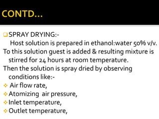SPRAY DRYING:-
Host solution is prepared in ethanol:water 50% v/v.
To this solution guest is added & resulting mixture is
stirred for 24 hours at room temperature.
Then the solution is spray dried by observing
conditions like:-
 Air flow rate,
Atomizing air pressure,
Inlet temperature,
Outlet temperature,
 