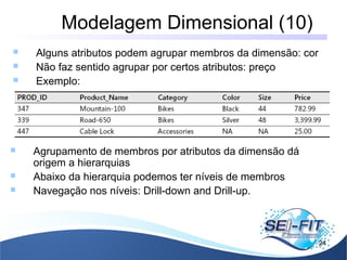 Modelagem Dimensional (10)
24
 Alguns atributos podem agrupar membros da dimensão: cor
 Não faz sentido agrupar por certos atributos: preço
 Exemplo:
 Agrupamento de membros por atributos da dimensão dá
origem a hierarquias
 Abaixo da hierarquia podemos ter níveis de membros
 Navegação nos níveis: Drill-down and Drill-up.
 