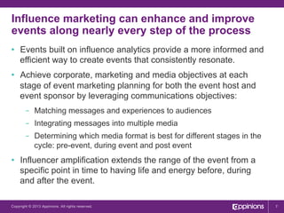 Influence marketing can enhance and improve
events along nearly every step of the process
•  Events built on influence analytics provide a more informed and
efficient way to create events that consistently resonate.
•  Achieve corporate, marketing and media objectives at each
stage of event marketing planning for both the event host and
event sponsor by leveraging communications objectives:
–  Matching messages and experiences to audiences
–  Integrating messages into multiple media
–  Determining which media format is best for different stages in the
cycle: pre-event, during event and post event

•  Influencer amplification extends the range of the event from a
specific point in time to having life and energy before, during
and after the event.
Copyright © 2013 Appinions. All rights reserved.

7

 