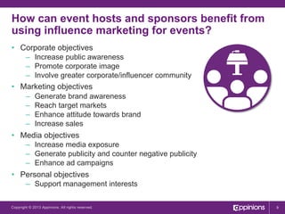 How can event hosts and sponsors benefit from
using influence marketing for events?
•  Corporate objectives
–  Increase public awareness
–  Promote corporate image
–  Involve greater corporate/influencer community

•  Marketing objectives
– 
– 
– 
– 

Generate brand awareness
Reach target markets
Enhance attitude towards brand
Increase sales

•  Media objectives
–  Increase media exposure
–  Generate publicity and counter negative publicity
–  Enhance ad campaigns

•  Personal objectives
–  Support management interests
Copyright © 2013 Appinions. All rights reserved.

9

 