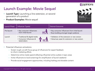 Launch Example: Movie Sequel
•  Launch Type: Launching a line extension, or second
   generation of a product
•  Product Examples: Movie sequel


 Launch Phase           Inﬂuencer Type(s)                    Desired Outcomes

 Pre-launch             •  Key consumer inﬂuencers           •  Key consumer inﬂuencers from initial launch
                           from initial launch               •  Buzz building amongst target audience

 Launch                 •  Traditional & digital media       •  Validation of the extension or new version
                        •  Consumer inﬂuencers &             •  Value/use cases for extension or new version
                           tastemakers



•  Potential inﬂuencer activations:
        –  Screen rough cut with focus group of inﬂuencers for expert feedback
           to inform marketing efforts
        –  Determine online media spend reﬂecting inﬂuential online outlets in topic areas
        –  Invite inﬂuencers to local screenings for ampliﬁcation of launch weekend
        –  Provide social engagement opportunities, including hashtag and sharable content



Copyright © 2013 Appinions. All rights reserved.                                                               14
 